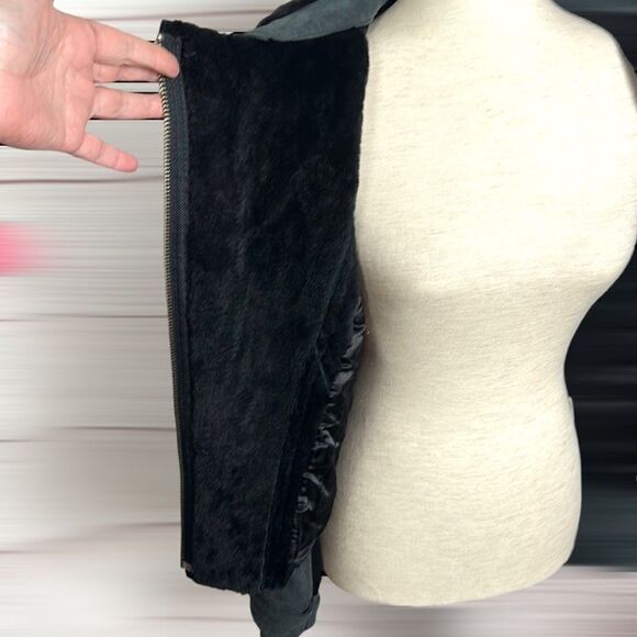 Armani Exchange Charcoal Leather Suede Moto Bomber Jacket Fur Collar Satin Back - Picture 8 of 15